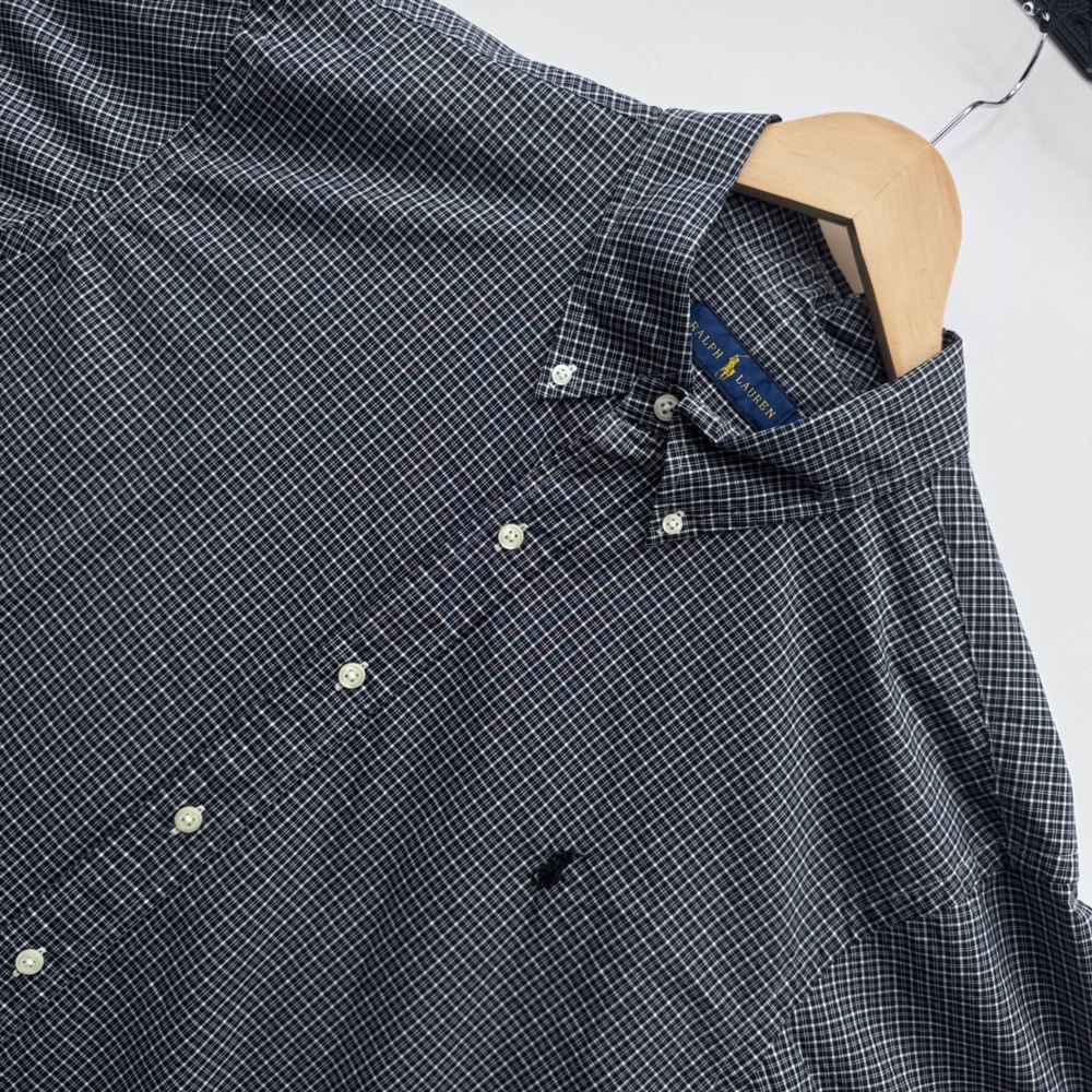 Ralph Lauren Button Down Shirt XL Navy White Plaid Short Sleeve Cotton Pony